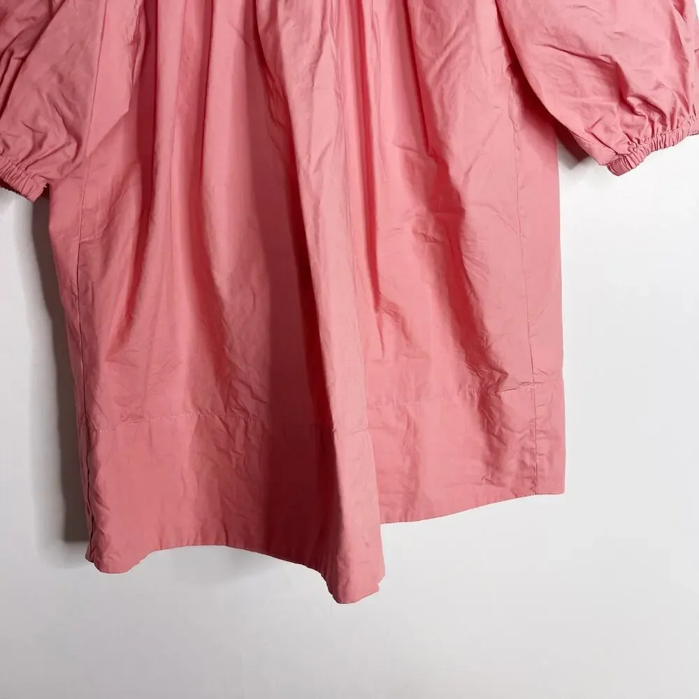 J Crew Womens XS Pink Smocked Neck Puff Sleeve Cotton Poplin Top Lace Up Back